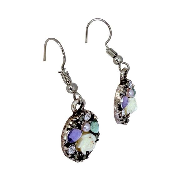 Silver Tone Rhinestone Flower Dangle Earrings 1" - Picture 2 of 10